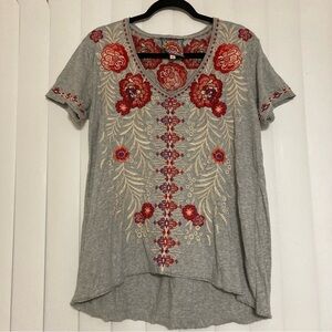 Johnny Was Small Floral Embroidered Grey V a neck at Shirt Boho Flowery